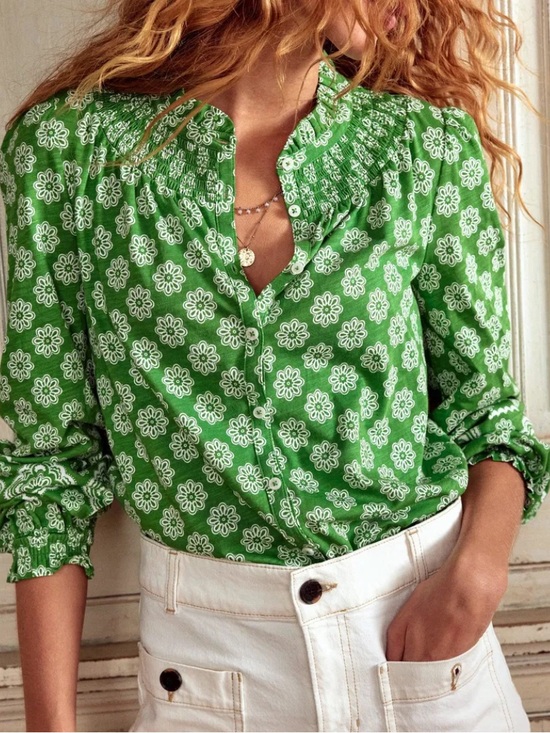 Boden Tops - Boden Fay Smocked Shirt 8 Green